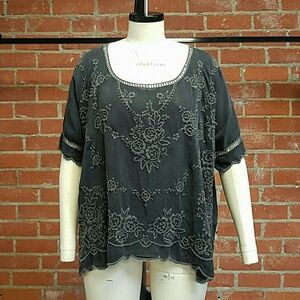 Johnny Was Gray Embroidered Top